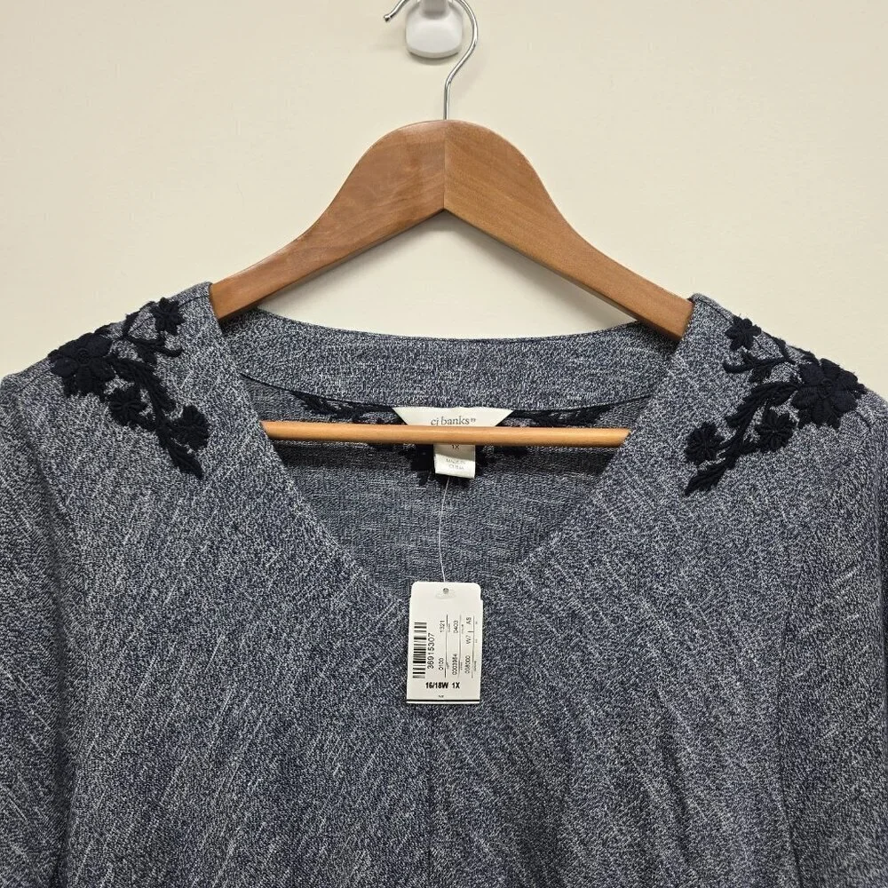 NEW CJ Banks Embroidered V-Neck Tunic Top Blouse Size 1X Marled Blue NWT